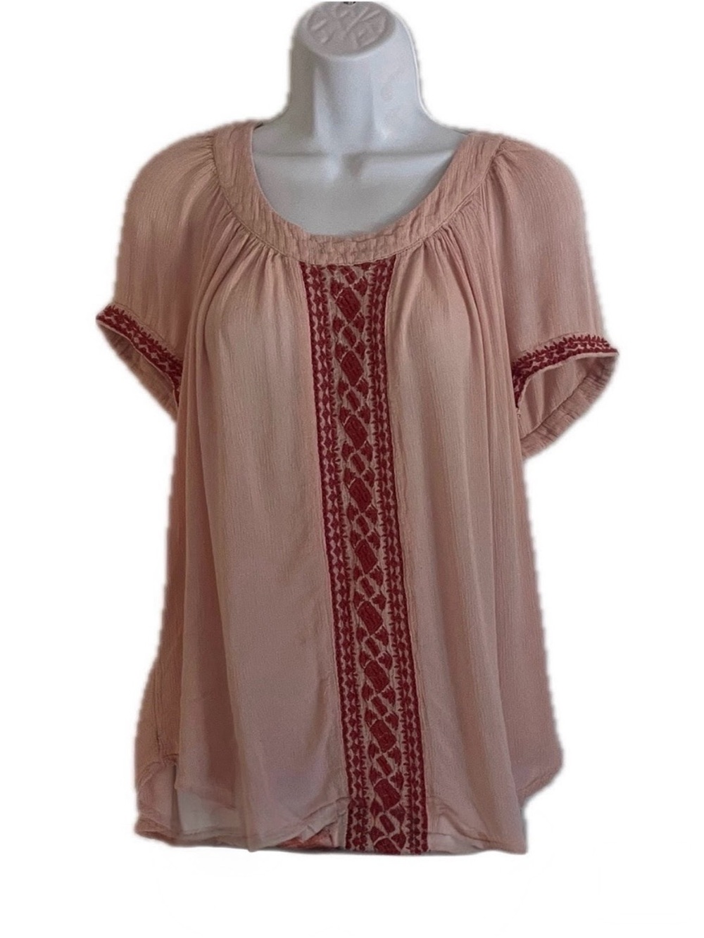 St. John's Bay Blush Pink Boho Peasant Blouse with Red Embroidery